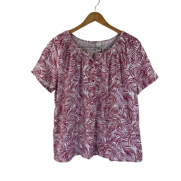 Hasting & Smith Top Plus 1X Pink White Tropical Leaf Pattern Henley Seersucker - Picture 1 of 8